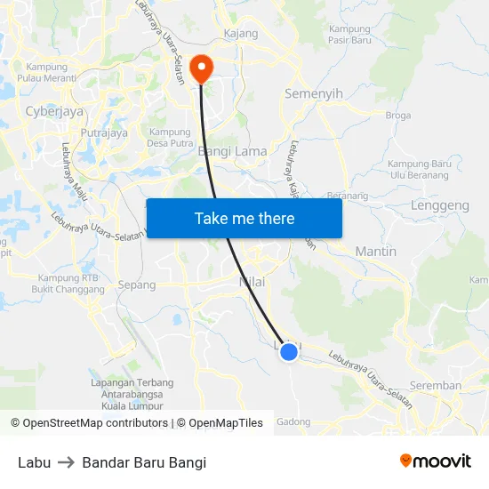 Labu to Bandar Baru Bangi map