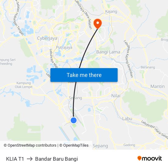 KLIA T1 to Bandar Baru Bangi map