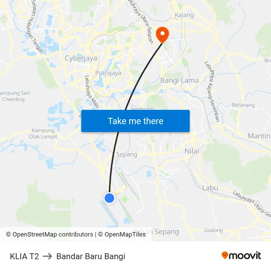 KLIA T2 to Bandar Baru Bangi map