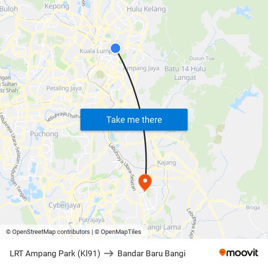 LRT Ampang Park (Kl91) to Bandar Baru Bangi map