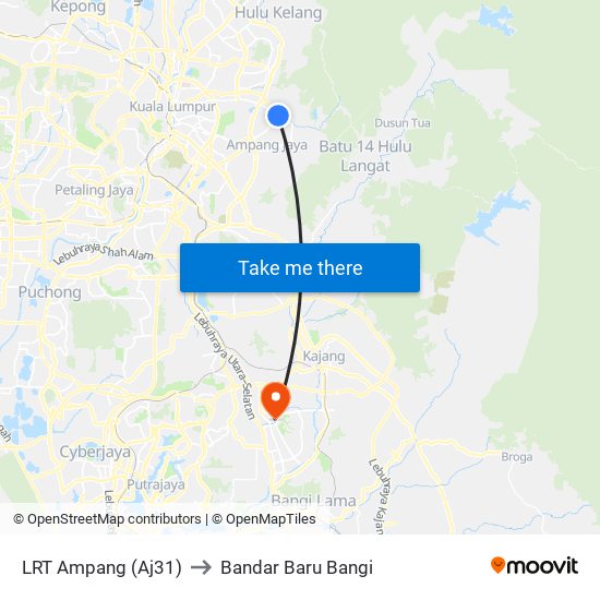 LRT Ampang (Aj31) to Bandar Baru Bangi map
