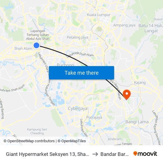 Giant Hypermarket Seksyen 13, Shah Alam (Sa947) to Bandar Baru Bangi map