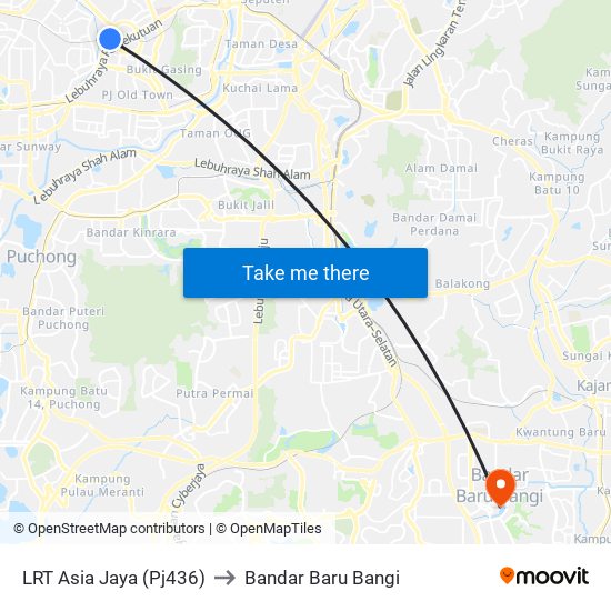 LRT Asia Jaya (Pj436) to Bandar Baru Bangi map