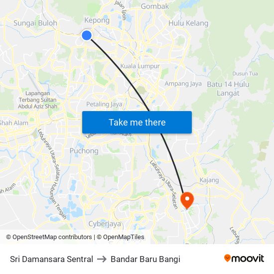 Sri Damansara Sentral to Bandar Baru Bangi map