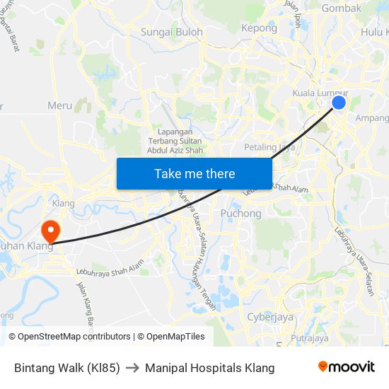 Bintang Walk (Kl85) to Manipal Hospitals Klang map