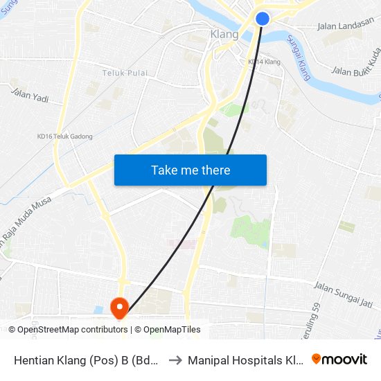Hentian Klang (Pos) B (Bd664) to Manipal Hospitals Klang map