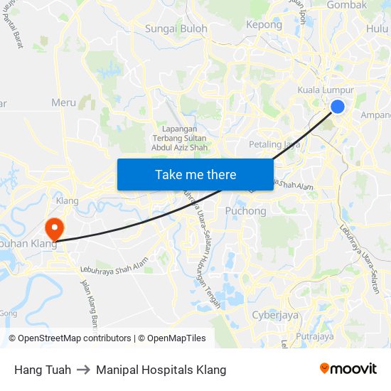 Hang Tuah to Manipal Hospitals Klang map