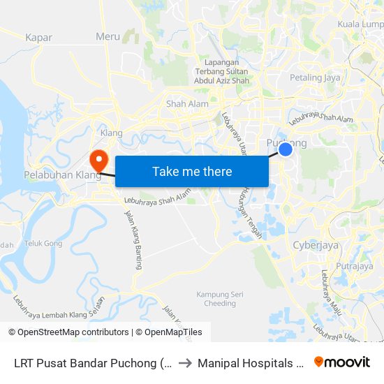 LRT Pusat Bandar Puchong (Sj735) to Manipal Hospitals Klang map