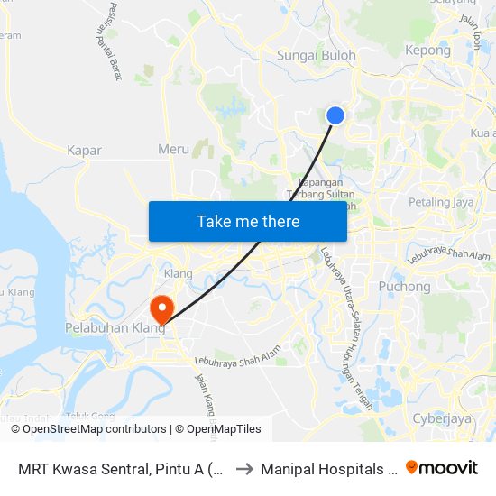 MRT Kwasa Sentral, Pintu A (Sa1020) to Manipal Hospitals Klang map