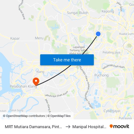 MRT Mutiara Damansara, Pintu C (Pj814) to Manipal Hospitals Klang map