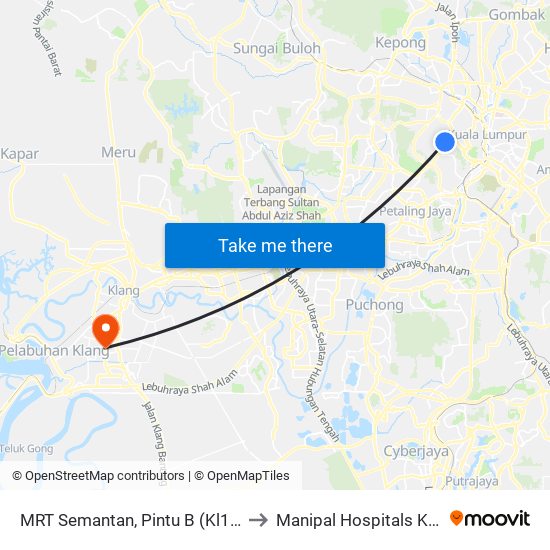 MRT Semantan, Pintu B (Kl1174) to Manipal Hospitals Klang map