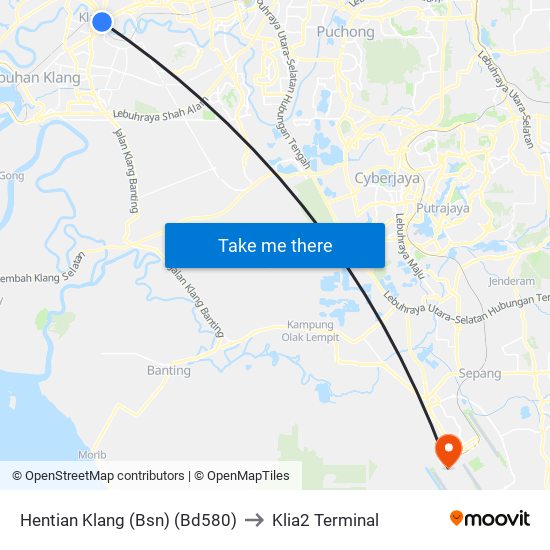 Hentian Klang (Bsn) (Bd580) to Klia2 Terminal map