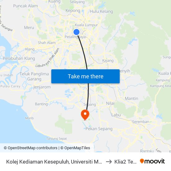 Kolej Kediaman Kesepuluh, Universiti Malaya (Opp) (Kl2345) to Klia2 Terminal map