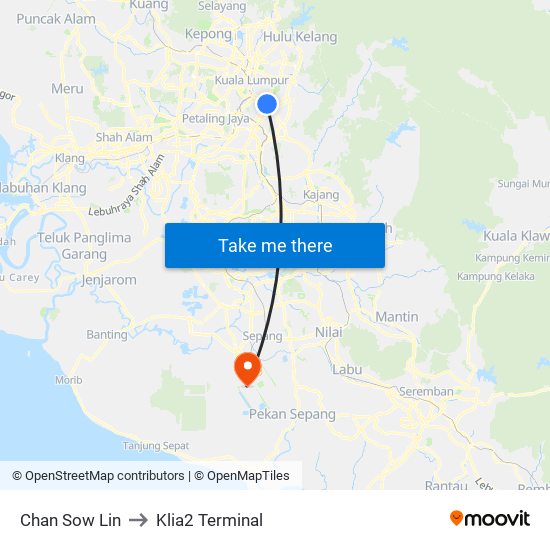 Chan Sow Lin to Klia2 Terminal map