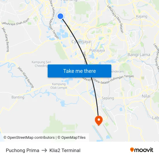 Puchong Prima to Klia2 Terminal map