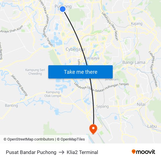 Pusat Bandar Puchong to Klia2 Terminal map