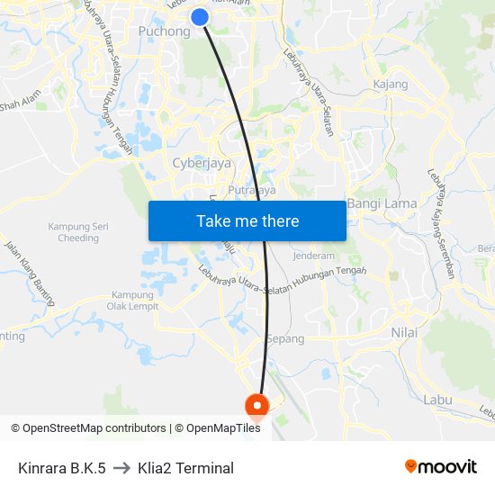 Kinrara B.K.5 to Klia2 Terminal map