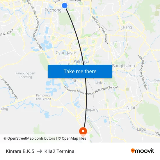 Kinrara B.K.5 to Klia2 Terminal map
