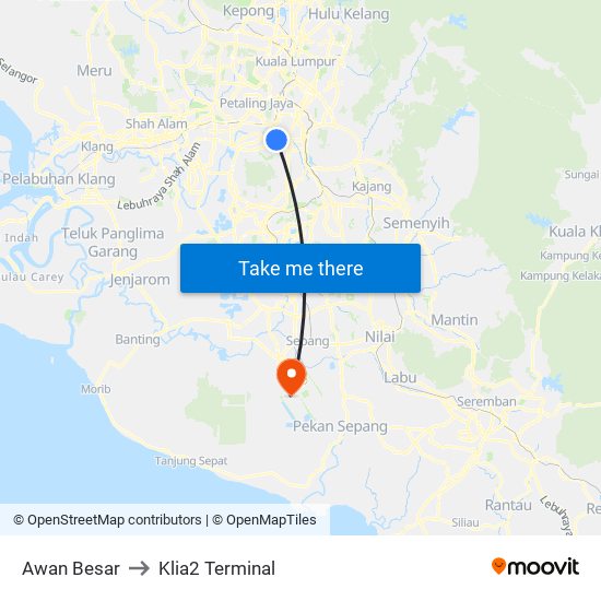 Awan Besar to Klia2 Terminal map