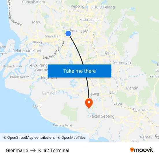 Glenmarie to Klia2 Terminal map