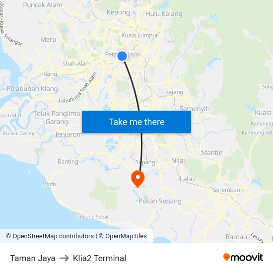 Taman Jaya to Klia2 Terminal map
