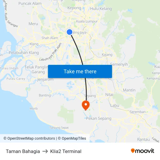Taman Bahagia to Klia2 Terminal map