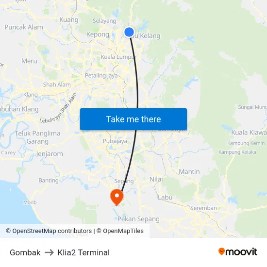 Gombak to Klia2 Terminal map