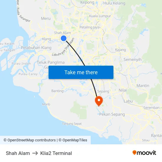 Shah Alam to Klia2 Terminal map