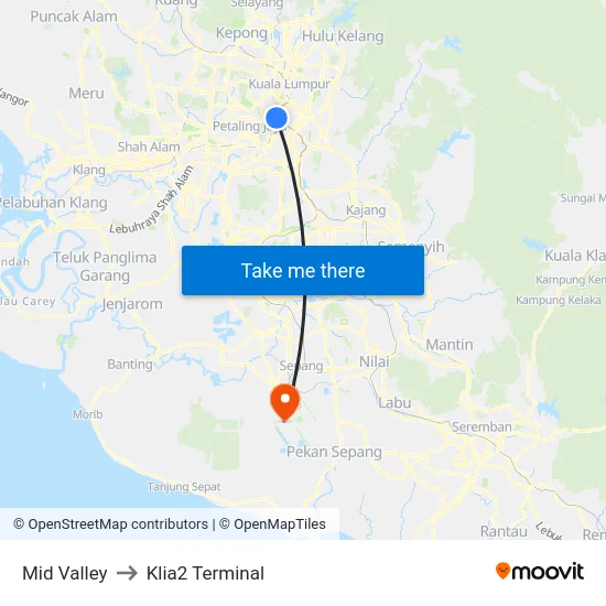 Mid Valley to Klia2 Terminal map