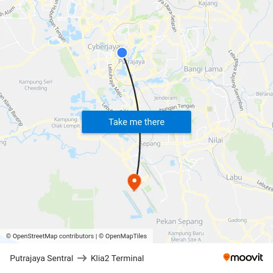 Putrajaya Sentral to Klia2 Terminal map