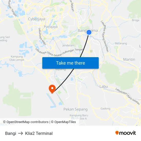 Bangi to Klia2 Terminal map