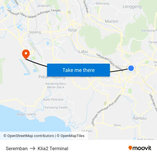 Seremban to Klia2 Terminal map