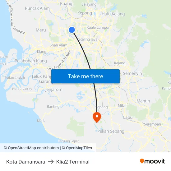Kota Damansara to Klia2 Terminal map