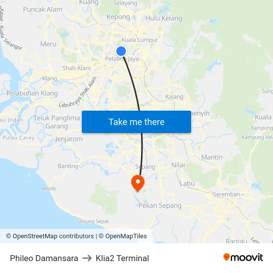 Phileo Damansara to Klia2 Terminal map