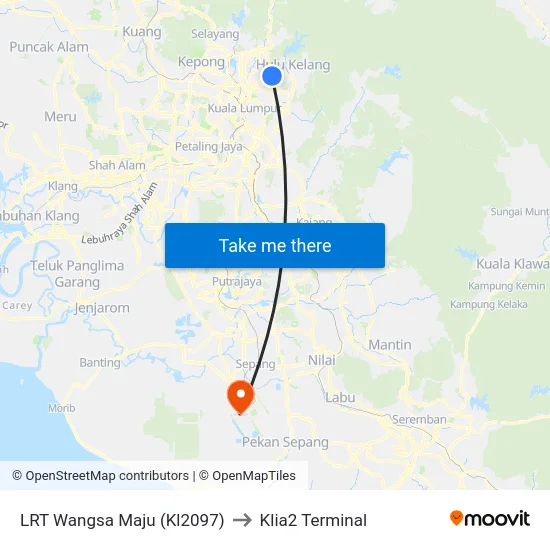 LRT Wangsa Maju (Kl2097) to Klia2 Terminal map