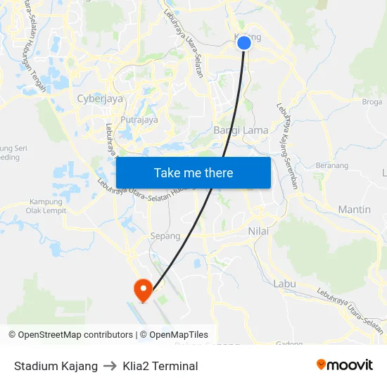 Stadium Kajang to Klia2 Terminal map