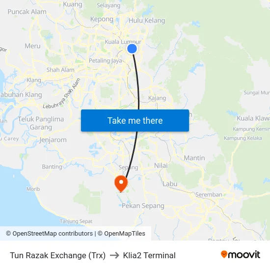 Tun Razak Exchange (Trx) to Klia2 Terminal map