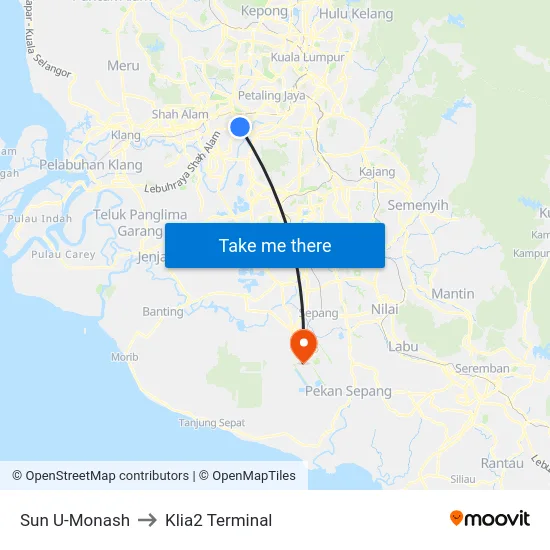 Sun U-Monash to Klia2 Terminal map