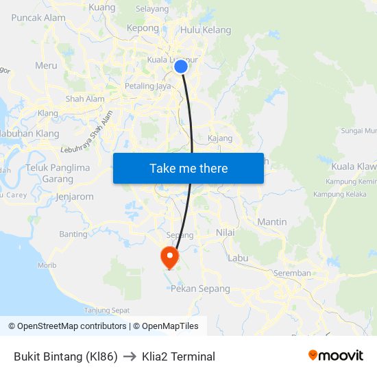 Bukit Bintang (Kl86) to Klia2 Terminal map