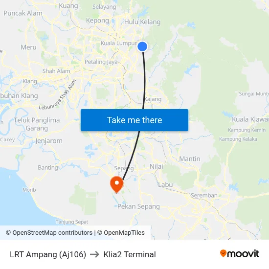 LRT Ampang (Aj106) to Klia2 Terminal map