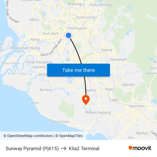 Sunway Pyramid (Pj615) to Klia2 Terminal map