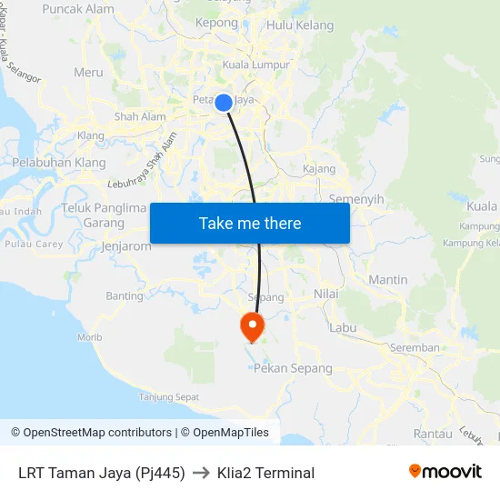 LRT Taman Jaya (Pj445) to Klia2 Terminal map