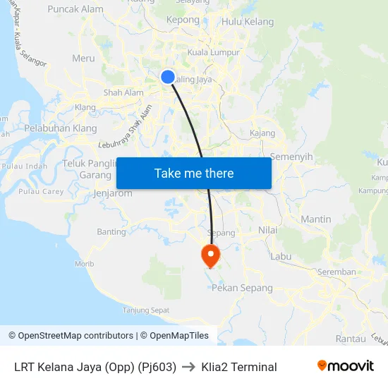 LRT Kelana Jaya (Opp) (Pj603) to Klia2 Terminal map