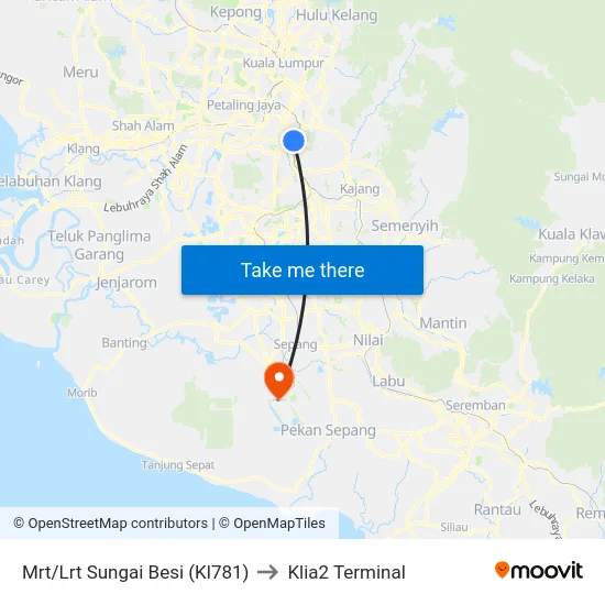 Mrt/Lrt Sungai Besi (Kl781) to Klia2 Terminal map