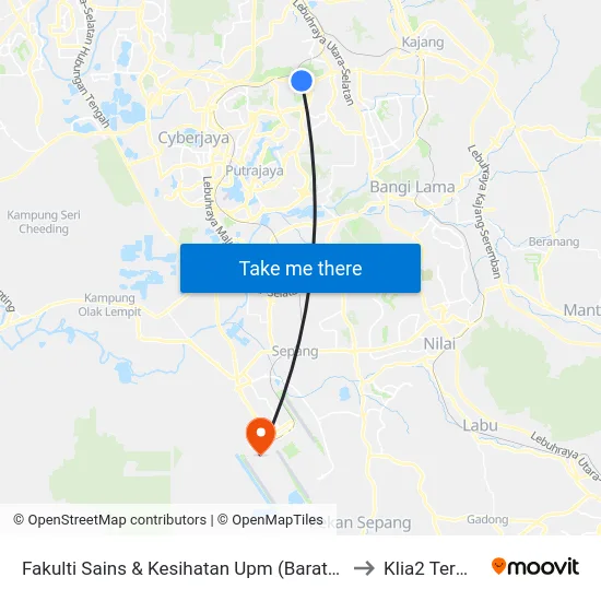 Fakulti Sains & Kesihatan Upm (Barat) (Sp295) to Klia2 Terminal map
