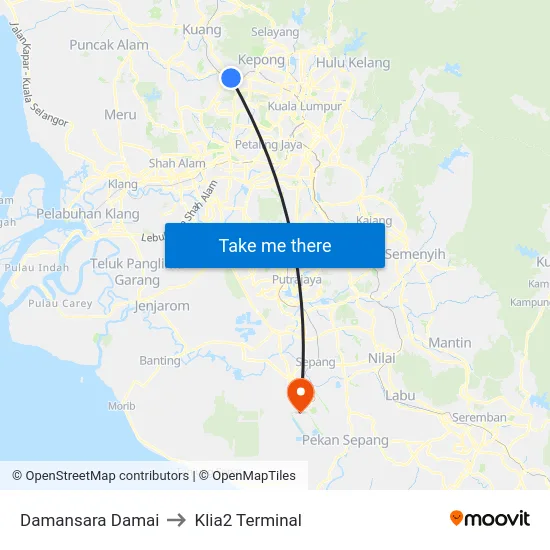 Damansara Damai to Klia2 Terminal map