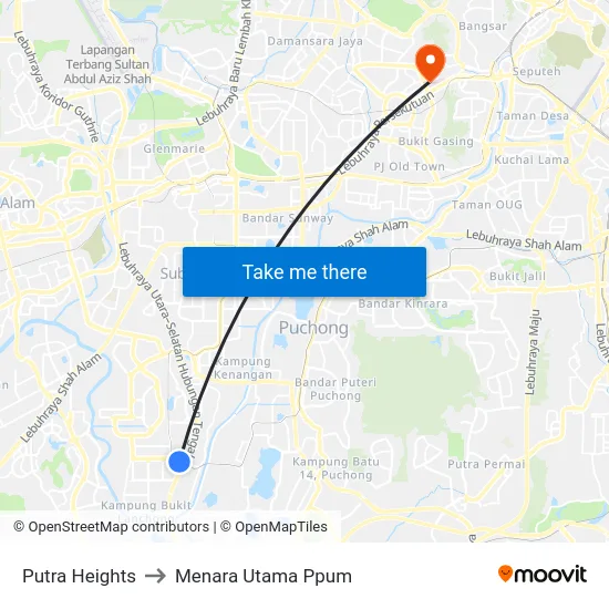 Putra Heights to Menara Utama Ppum map