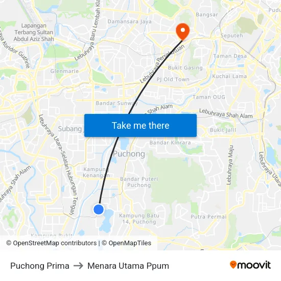 Puchong Prima to Menara Utama Ppum map