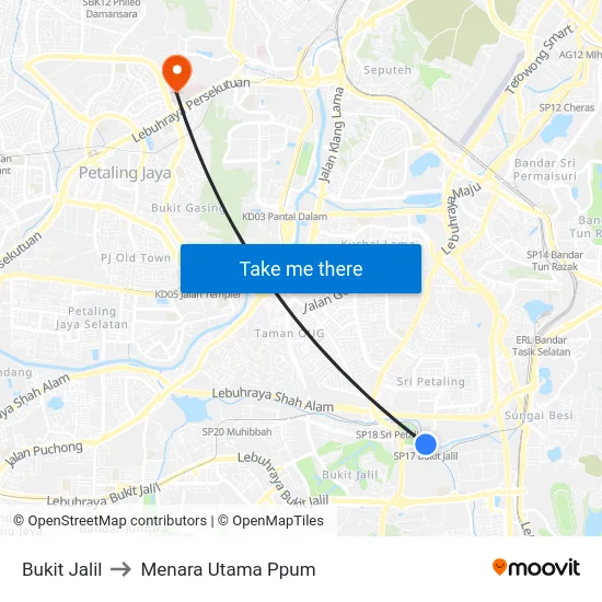 Bukit Jalil to Menara Utama Ppum map