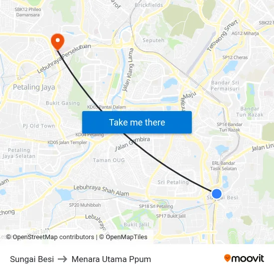 Sungai Besi to Menara Utama Ppum map